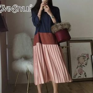 NWOT patchwork collar dress pleats peach navy